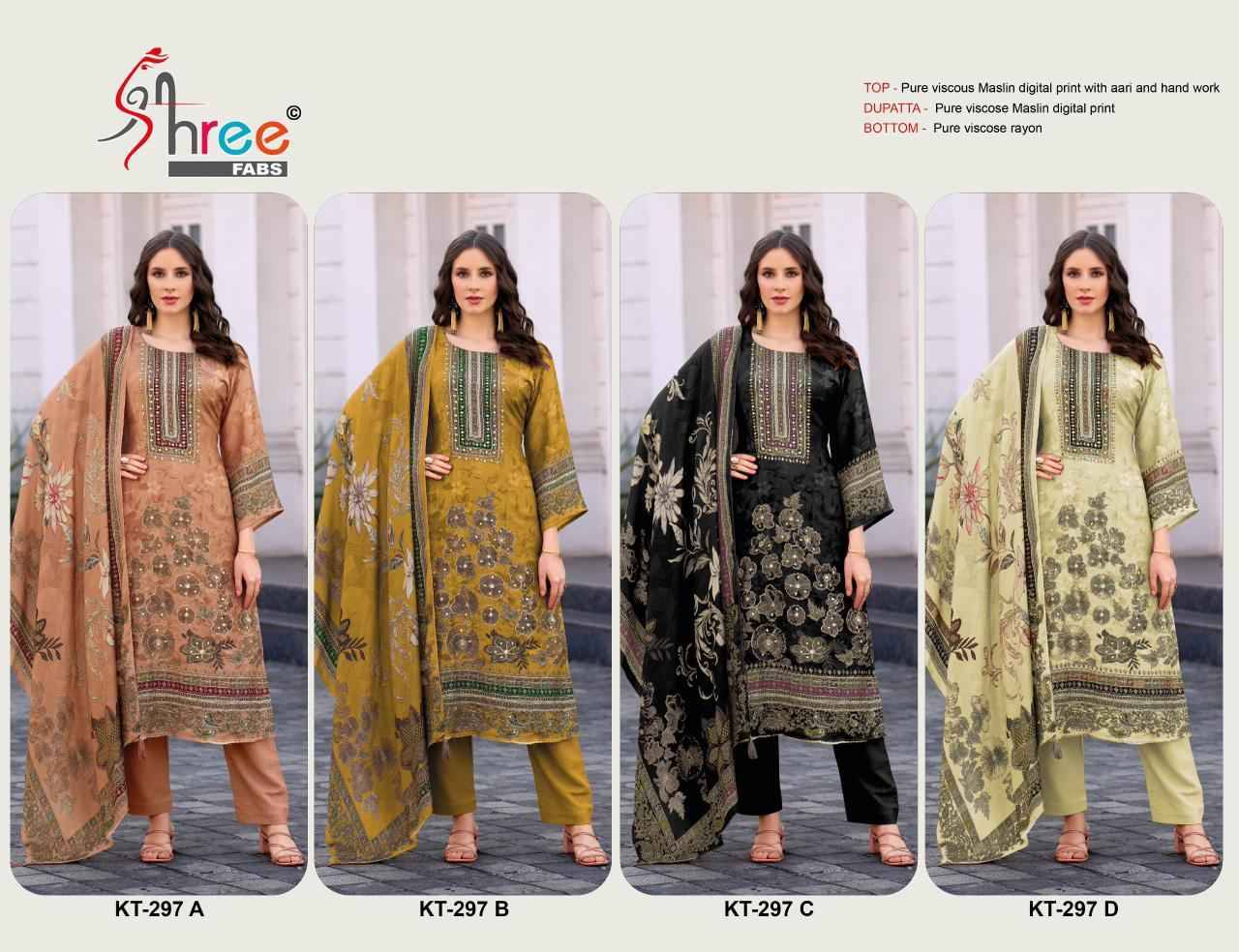 KT - 297 By Shree Fab Pakistani Stylish Beautiful Colourful Printed & Embroidered Party Wear & Occasional Wear Pure Viscous Maslin Dresses At Wholesale Price